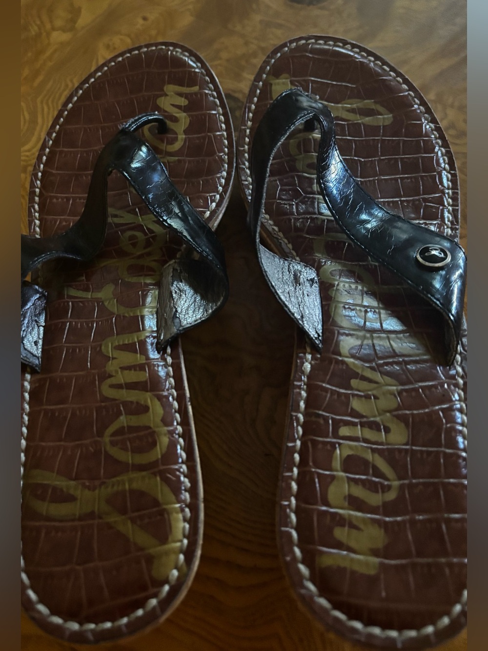 Sam Edelman BlackCroc-Embossed Wedggrwith Black Thong Straps